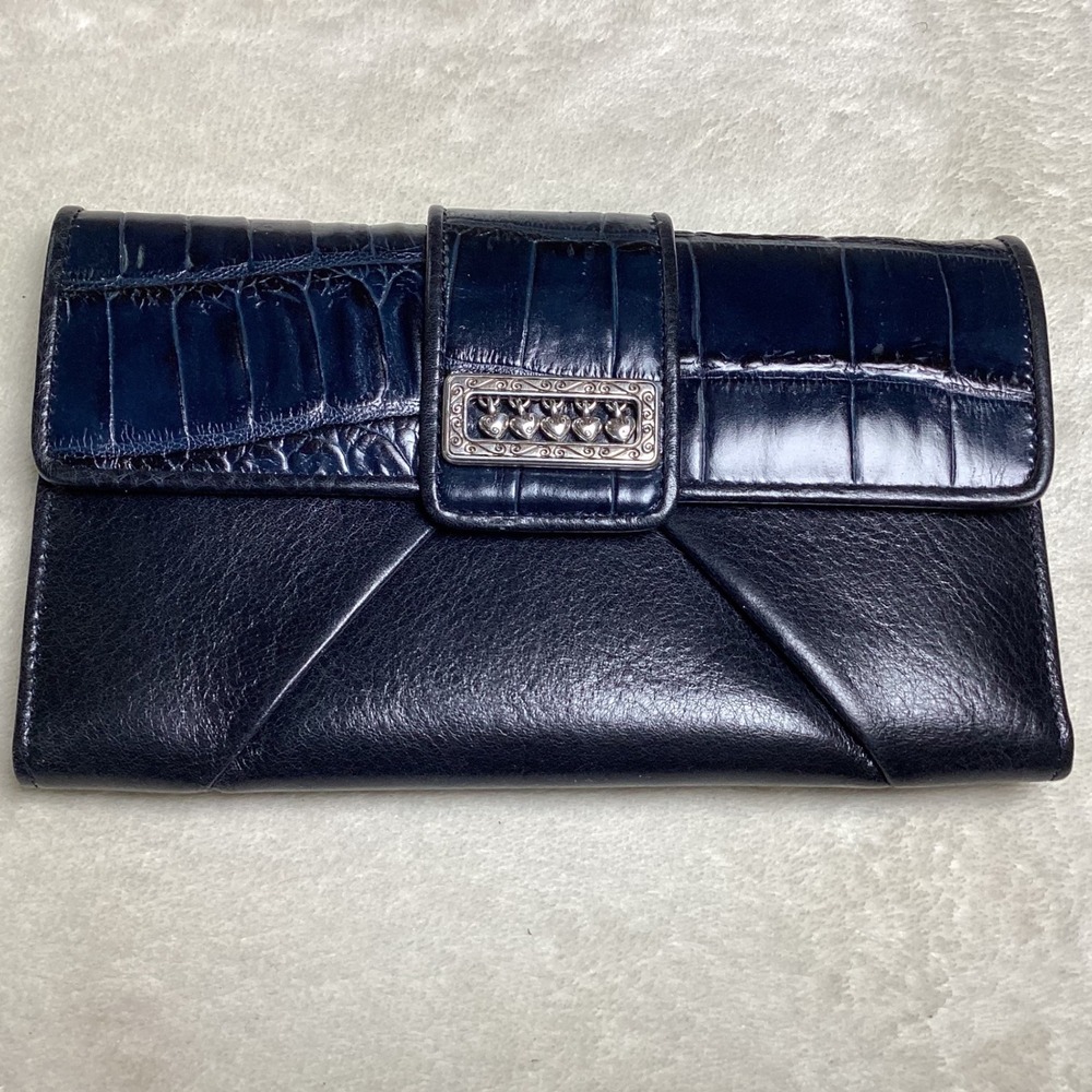 Brighton Navy Blue Leather Croc‎ Trim Heart Charm Trifold Wallet Organizer